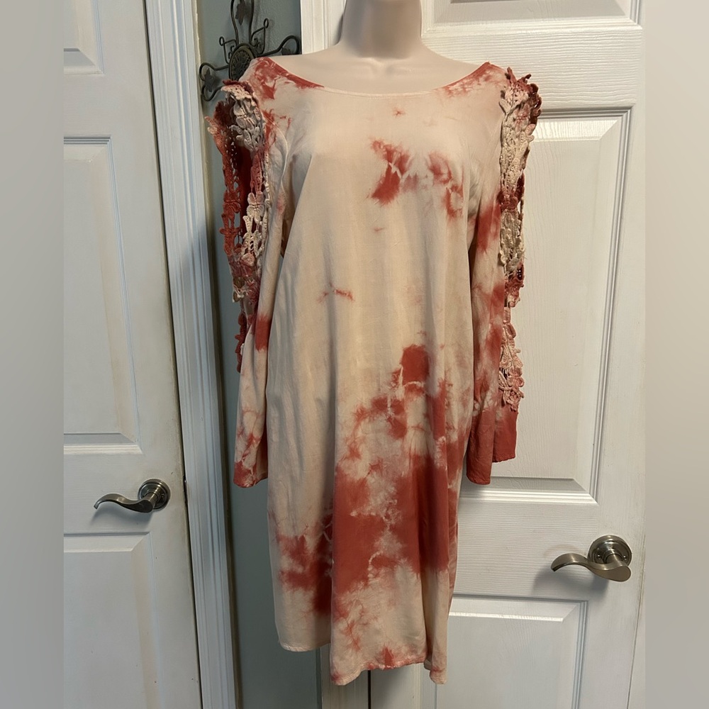 Black/Bead Coral Peach Tie Die Long Sleeve Dress Lace Sleeve Cutout Boho Hippie